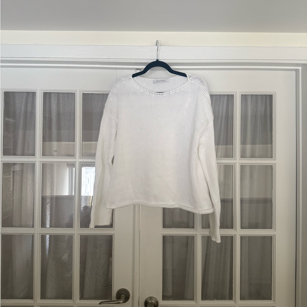 Another Tomorrow White 100% Cotton Open Knit Crewneck Sweater